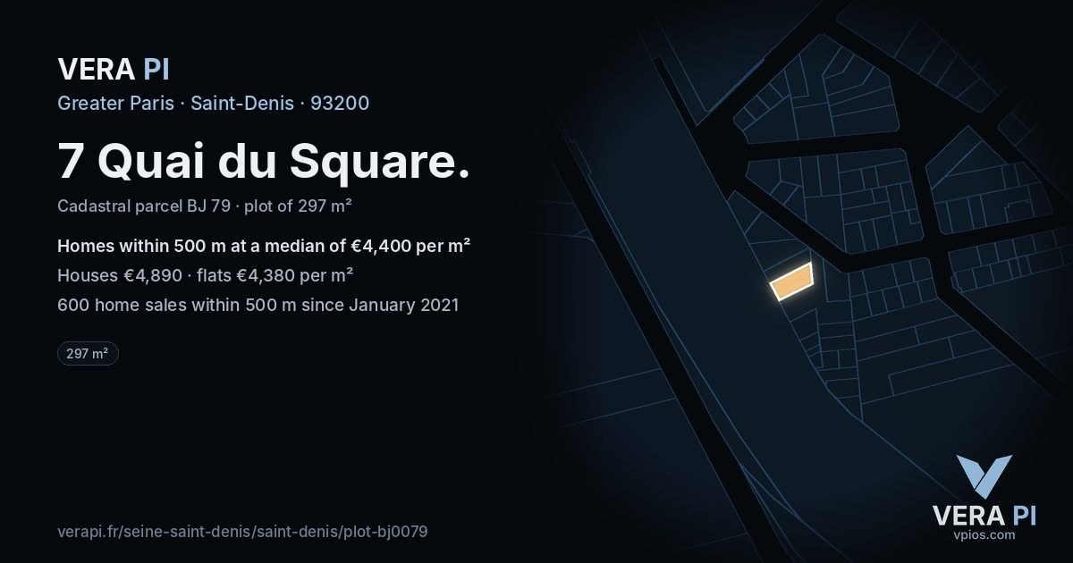 7 Quai du Square, Saint-Denis at night – the plot lit, the parcels around coloured by the prices near them