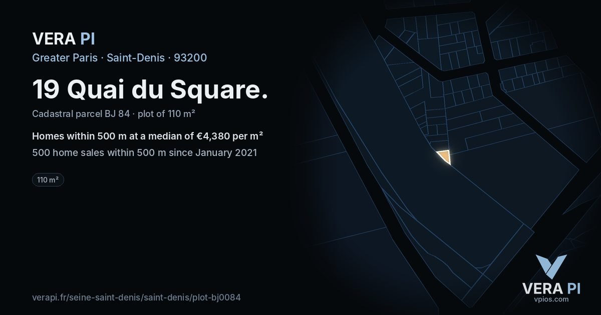 19 Quai du Square, Saint-Denis at night – the plot lit, the parcels around coloured by the prices near them