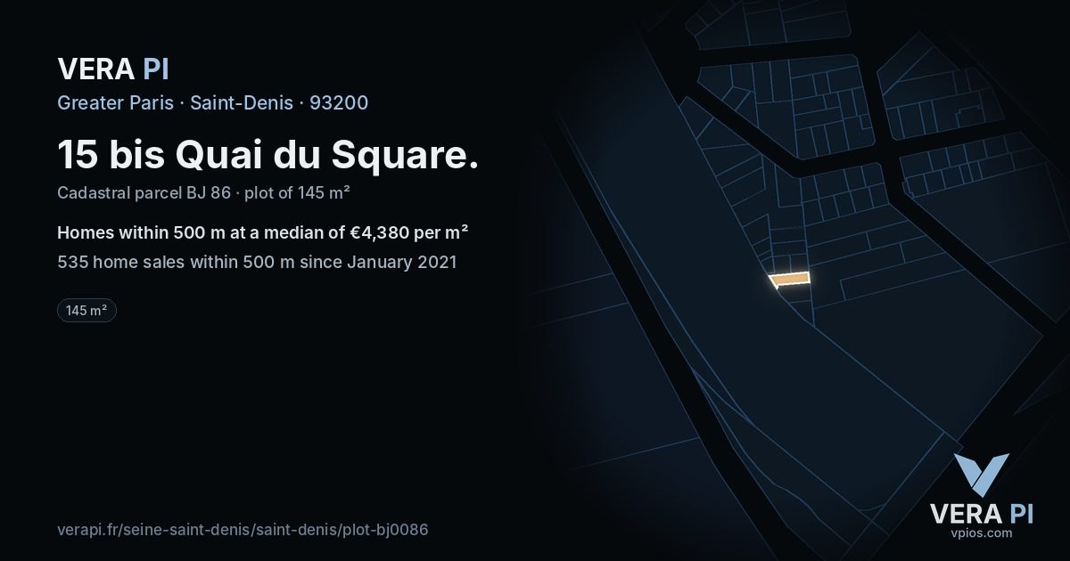 15 bis Quai du Square, Saint-Denis at night – the plot lit, the parcels around coloured by the prices near them