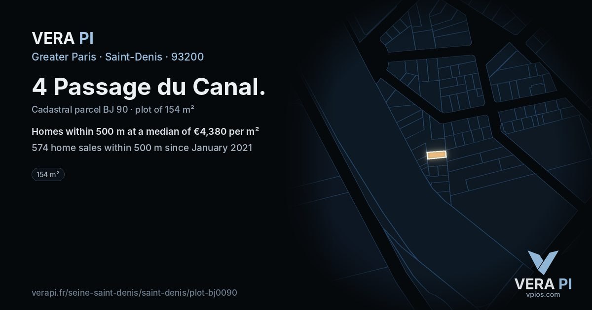 4 Passage du Canal, Saint-Denis at night – the plot lit, the parcels around coloured by the prices near them