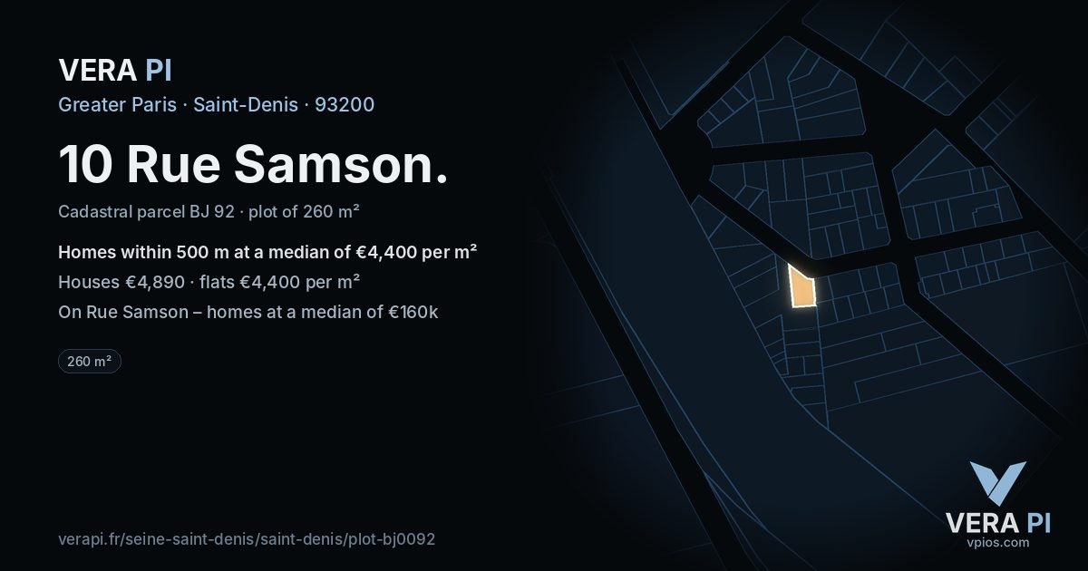 10 Rue Samson, Saint-Denis at night – the plot lit, the parcels around coloured by the prices near them