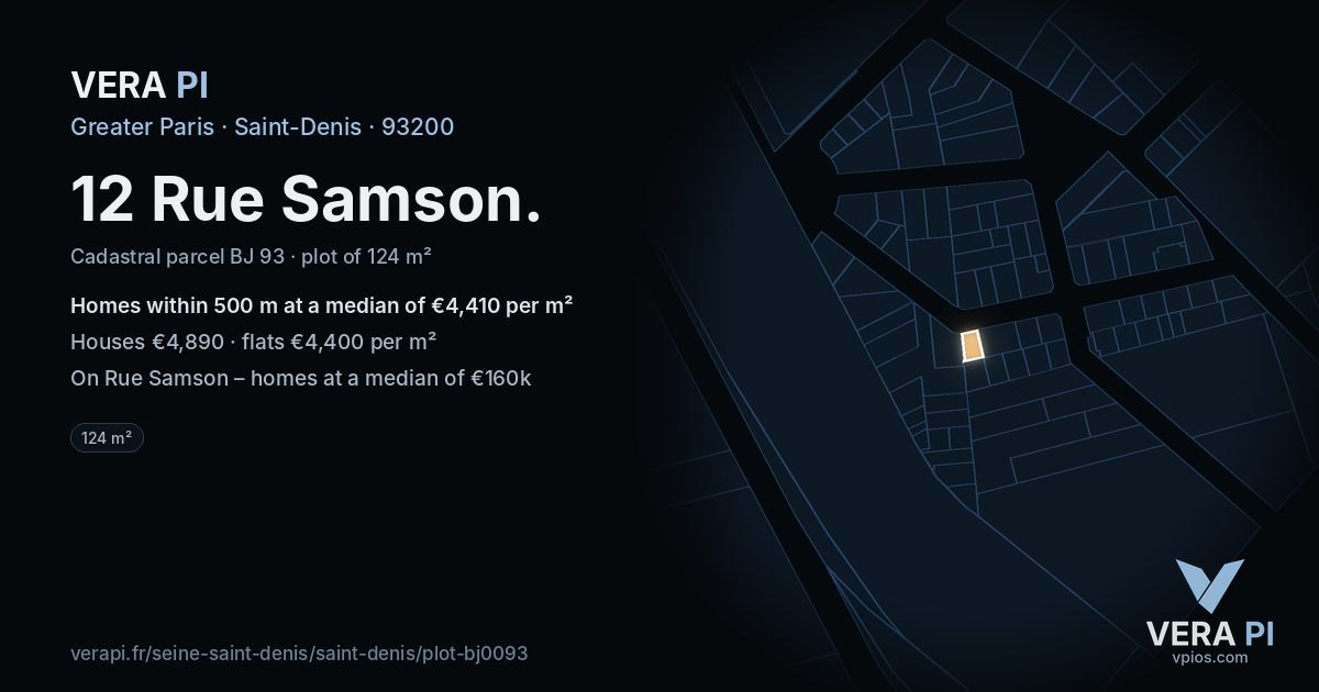 12 Rue Samson, Saint-Denis at night – the plot lit, the parcels around coloured by the prices near them