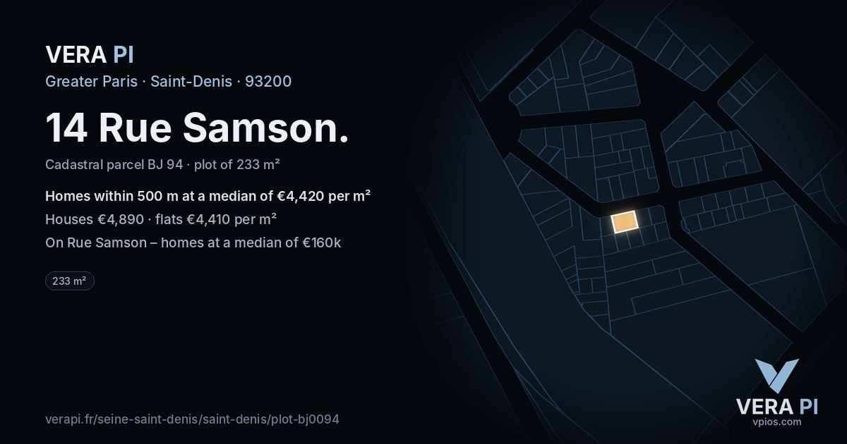14 Rue Samson, Saint-Denis at night – the plot lit, the parcels around coloured by the prices near them
