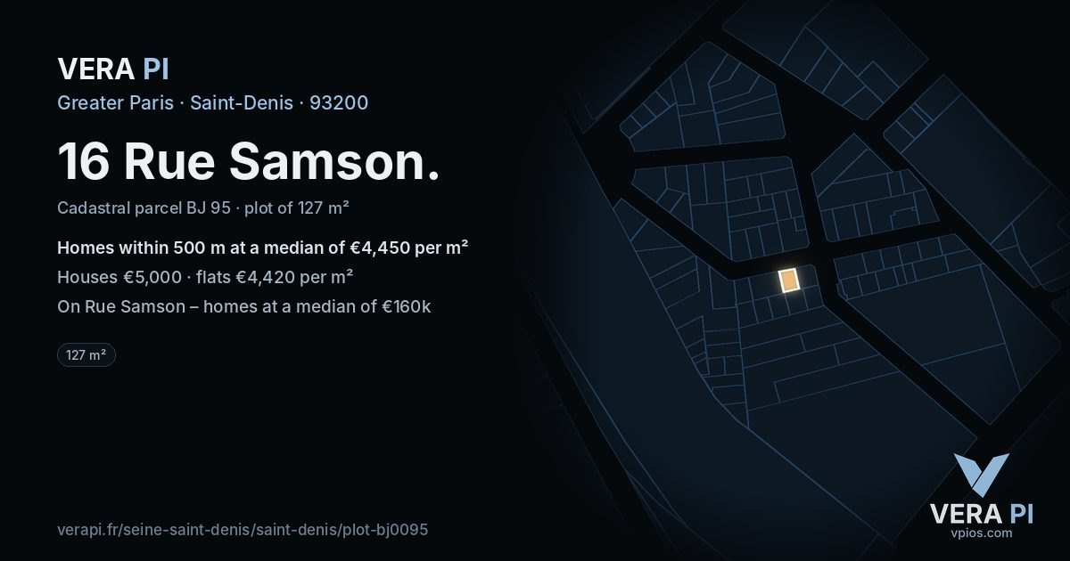 16 Rue Samson, Saint-Denis at night – the plot lit, the parcels around coloured by the prices near them