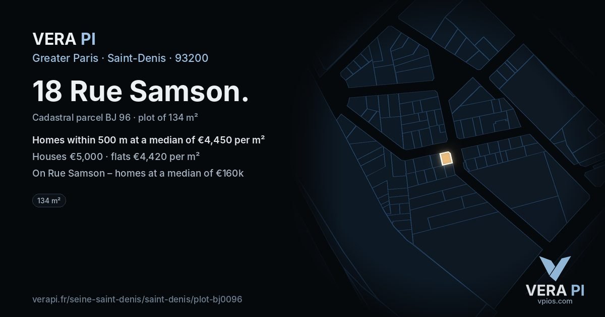 18 Rue Samson, Saint-Denis at night – the plot lit, the parcels around coloured by the prices near them