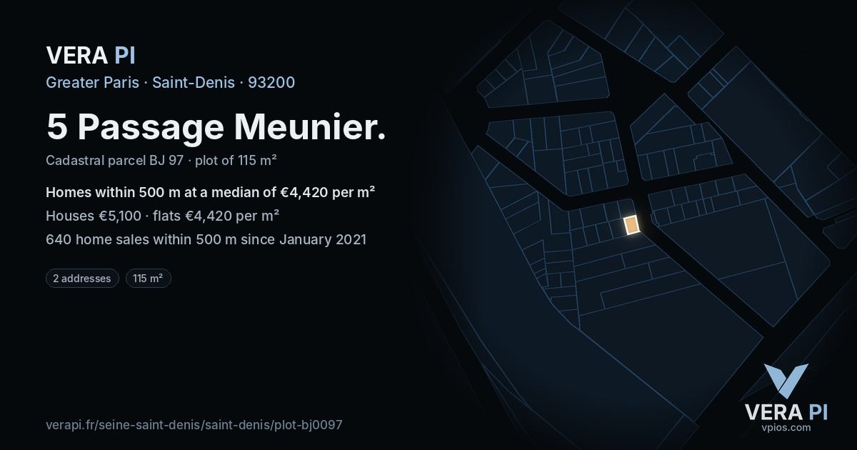 5 Passage Meunier, Saint-Denis at night – the plot lit, the parcels around coloured by the prices near them