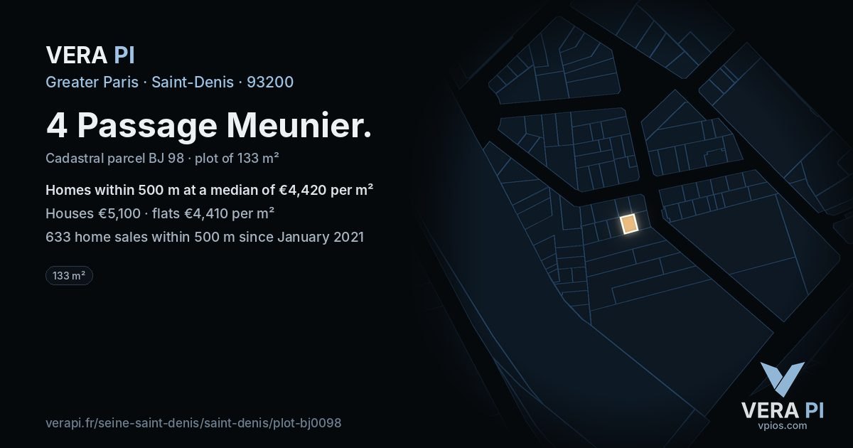 4 Passage Meunier, Saint-Denis at night – the plot lit, the parcels around coloured by the prices near them