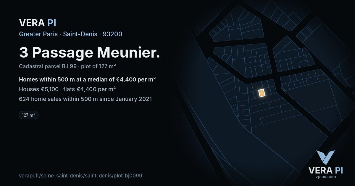 3 Passage Meunier, Saint-Denis at night – the plot lit, the parcels around coloured by the prices near them