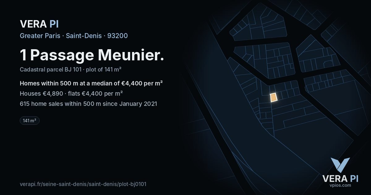1 Passage Meunier, Saint-Denis at night – the plot lit, the parcels around coloured by the prices near them