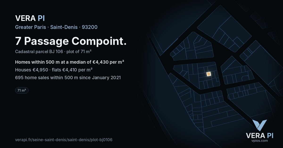 7 Passage Compoint, Saint-Denis at night – the plot lit, the parcels around coloured by the prices near them
