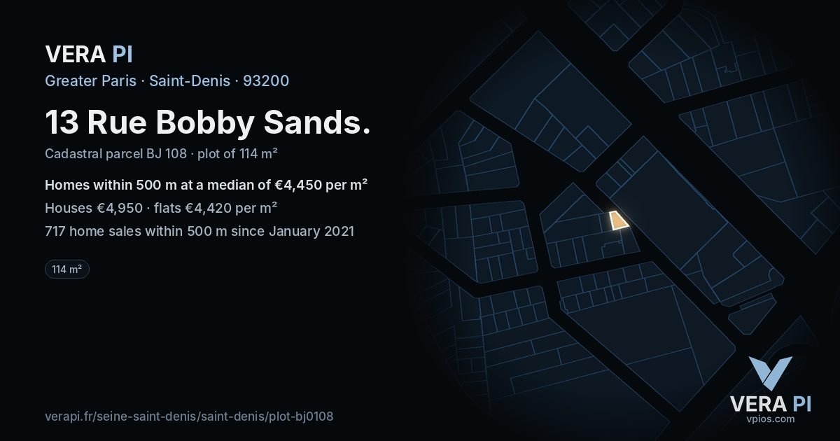 13 Rue Bobby Sands, Saint-Denis at night – the plot lit, the parcels around coloured by the prices near them
