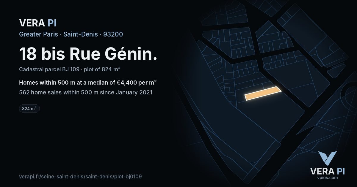 18 bis Rue Génin, Saint-Denis at night – the plot lit, the parcels around coloured by the prices near them