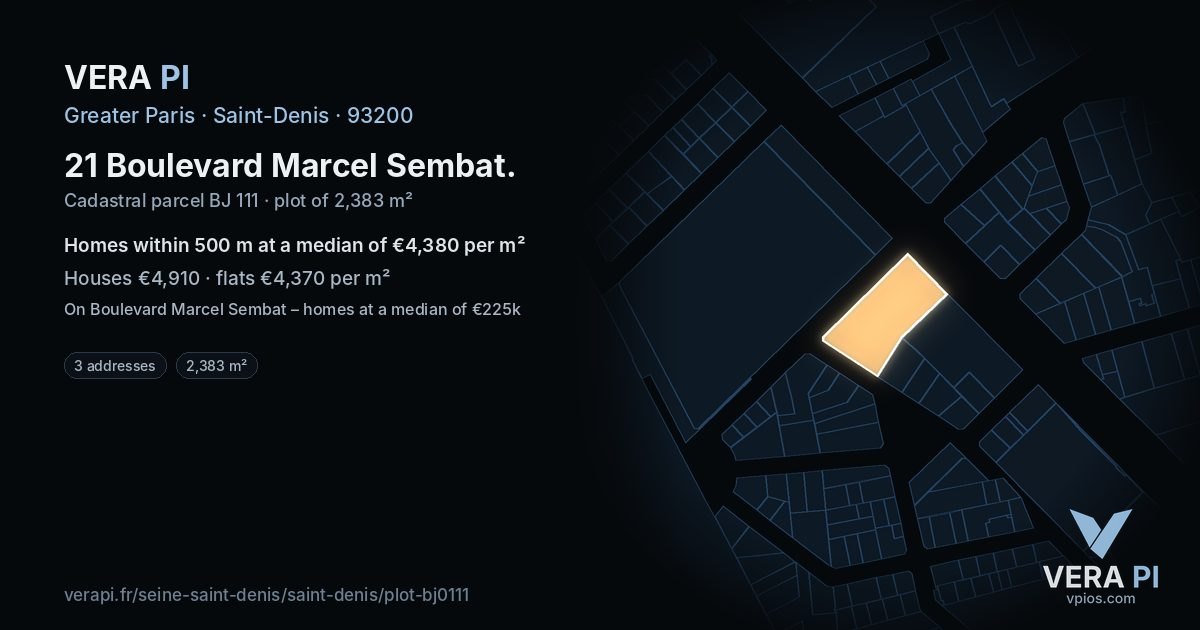 21 Boulevard Marcel Sembat, Saint-Denis at night – the plot lit, the parcels around coloured by the prices near them