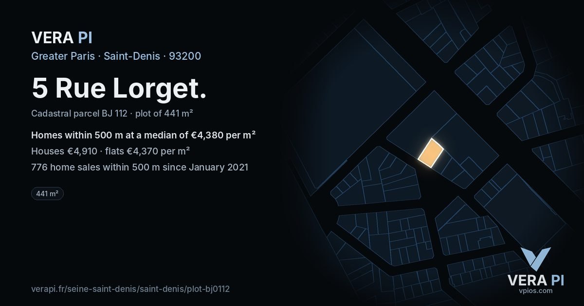 5 Rue Lorget, Saint-Denis at night – the plot lit, the parcels around coloured by the prices near them