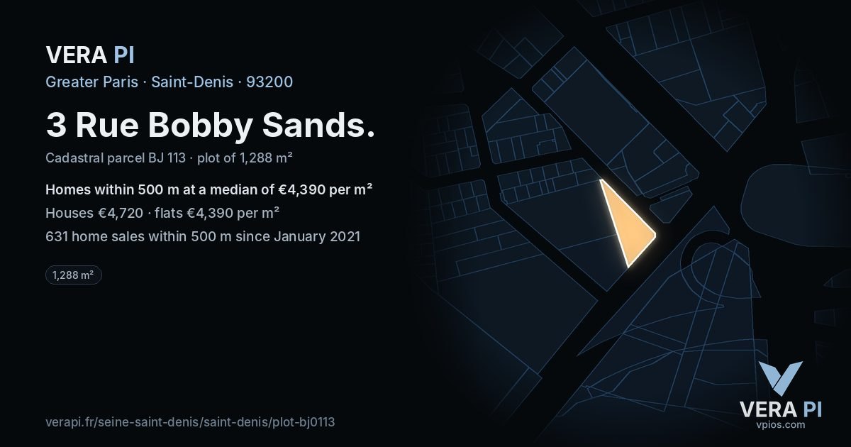 3 Rue Bobby Sands, Saint-Denis at night – the plot lit, the parcels around coloured by the prices near them