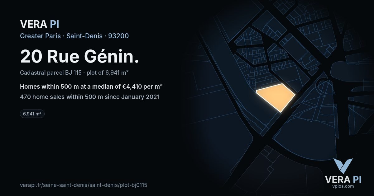 20 Rue Génin, Saint-Denis at night – the plot lit, the parcels around coloured by the prices near them
