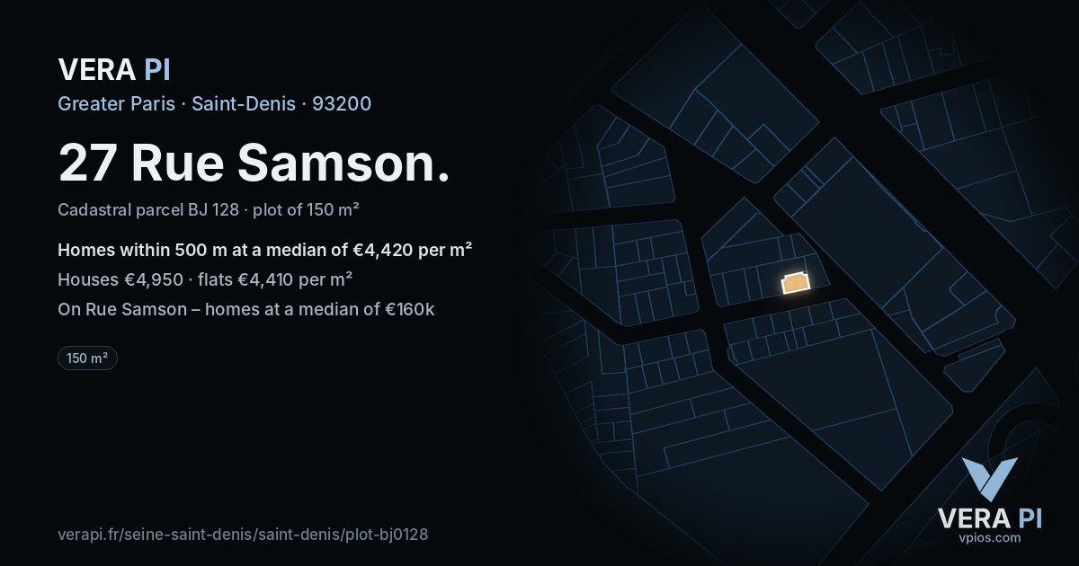 27 Rue Samson, Saint-Denis at night – the plot lit, the parcels around coloured by the prices near them