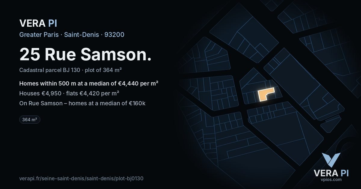 25 Rue Samson, Saint-Denis at night – the plot lit, the parcels around coloured by the prices near them