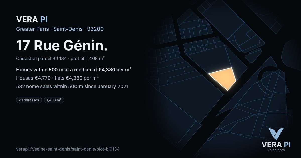 17 Rue Génin, Saint-Denis at night – the plot lit, the parcels around coloured by the prices near them