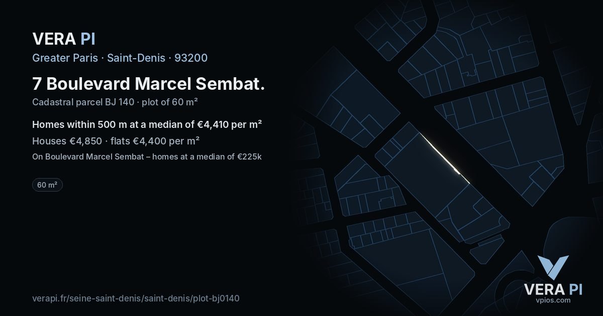 7 Boulevard Marcel Sembat, Saint-Denis at night – the plot lit, the parcels around coloured by the prices near them