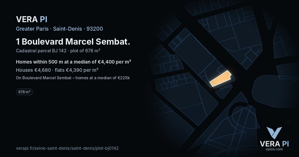 1 Boulevard Marcel Sembat, Saint-Denis at night – the plot lit, the parcels around coloured by the prices near them