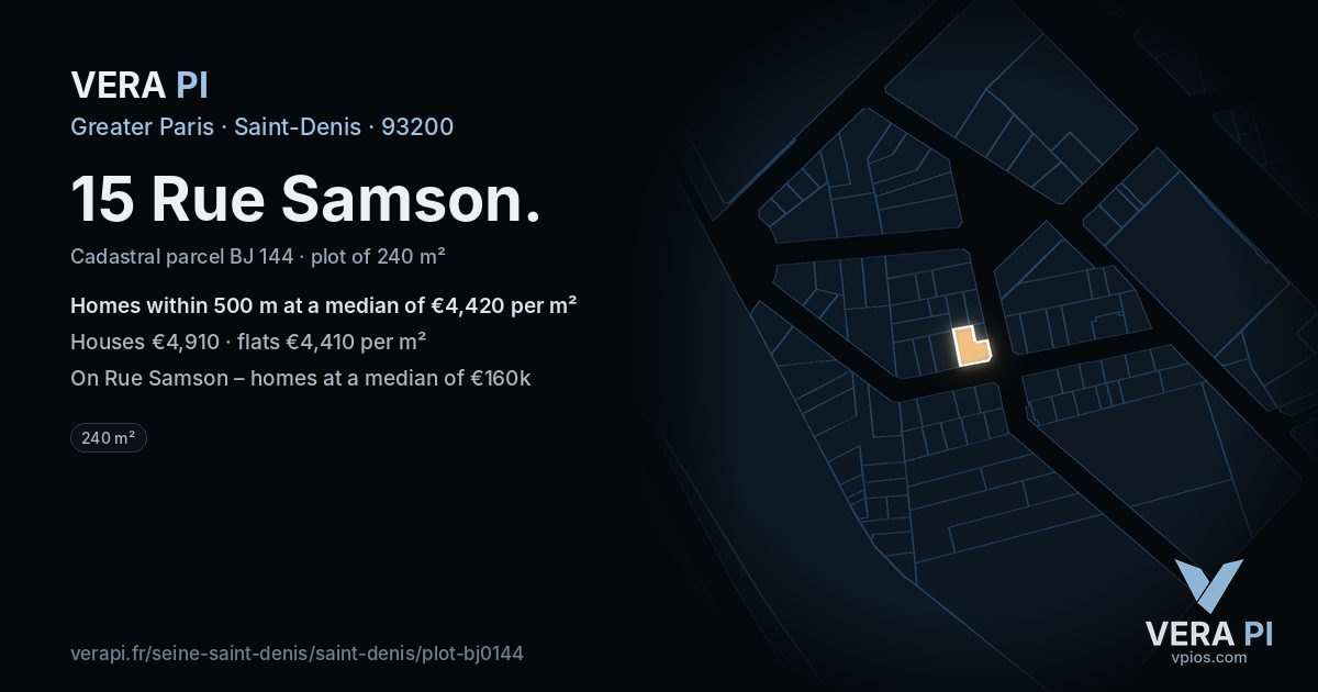 15 Rue Samson, Saint-Denis at night – the plot lit, the parcels around coloured by the prices near them