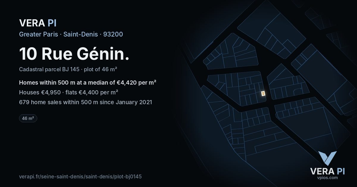10 Rue Génin, Saint-Denis at night – the plot lit, the parcels around coloured by the prices near them