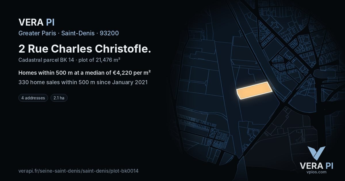 2 Rue Charles Christofle, Saint-Denis at night – the plot lit, the parcels around coloured by the prices near them