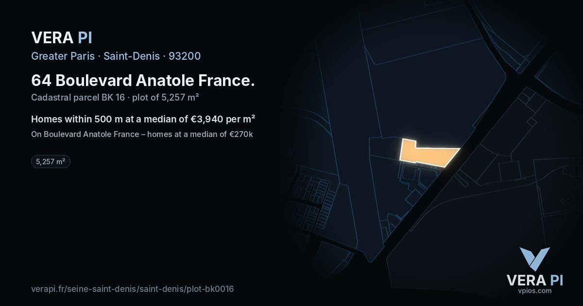64 Boulevard Anatole France, Saint-Denis at night – the plot lit, the parcels around coloured by the prices near them