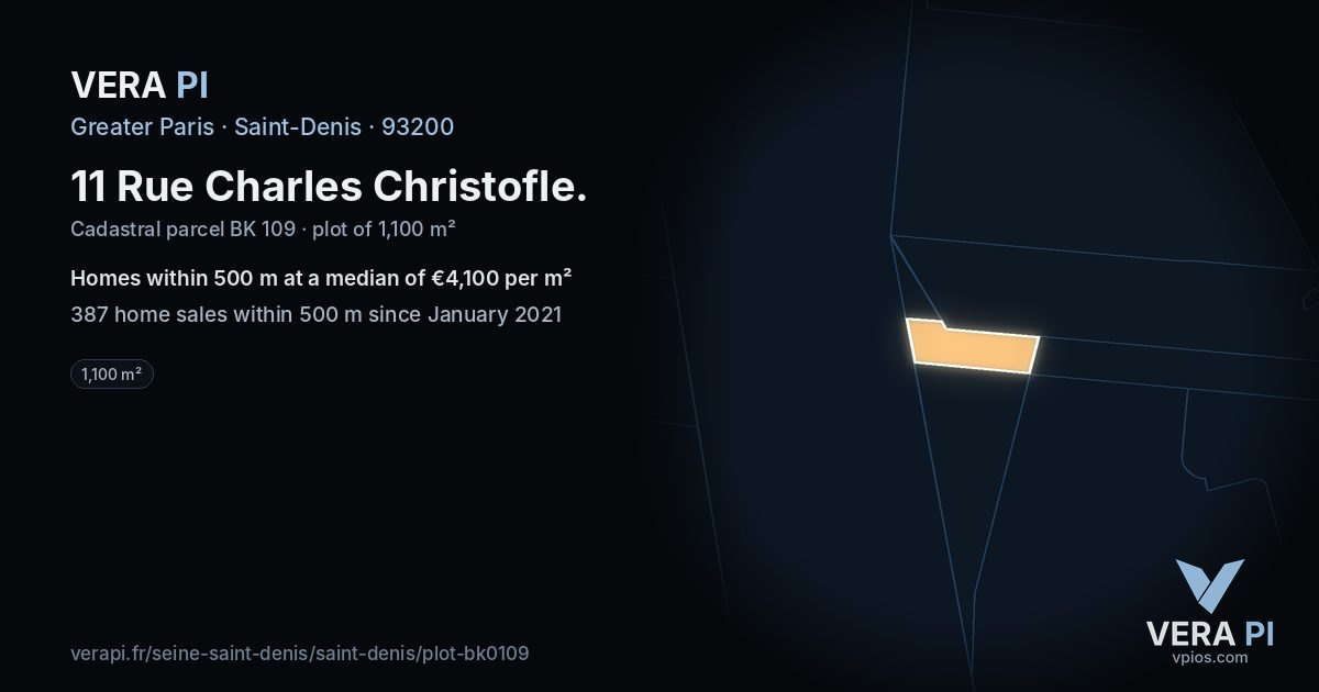 11 Rue Charles Christofle, Saint-Denis at night – the plot lit, the parcels around coloured by the prices near them