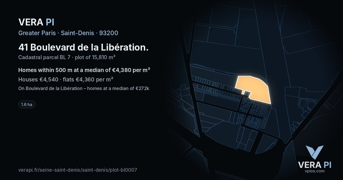 41 Boulevard de la Libération, Saint-Denis at night – the plot lit, the parcels around coloured by the prices near them