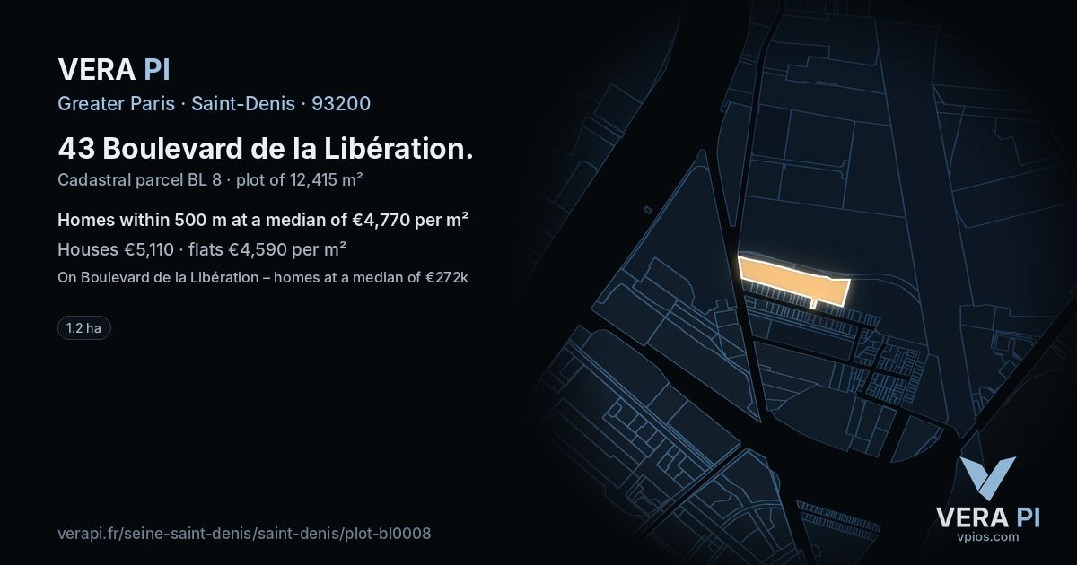 43 Boulevard de la Libération, Saint-Denis at night – the plot lit, the parcels around coloured by the prices near them