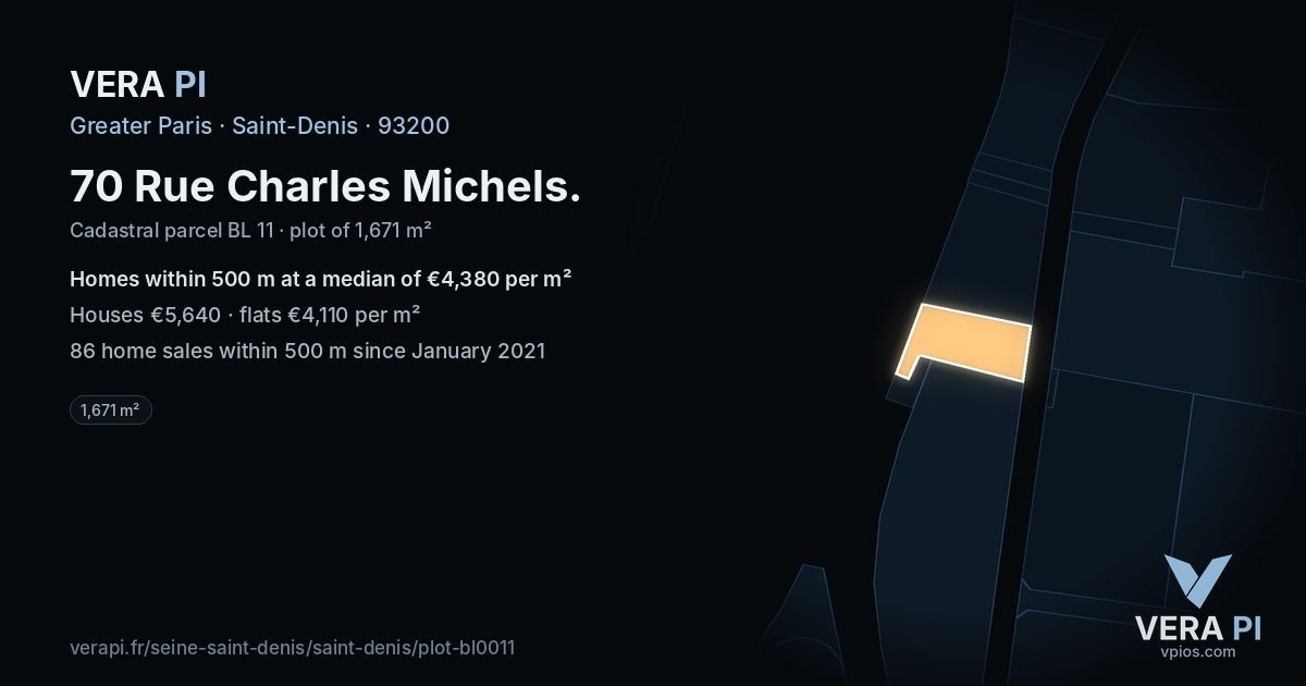 70 Rue Charles Michels, Saint-Denis at night – the plot lit, the parcels around coloured by the prices near them