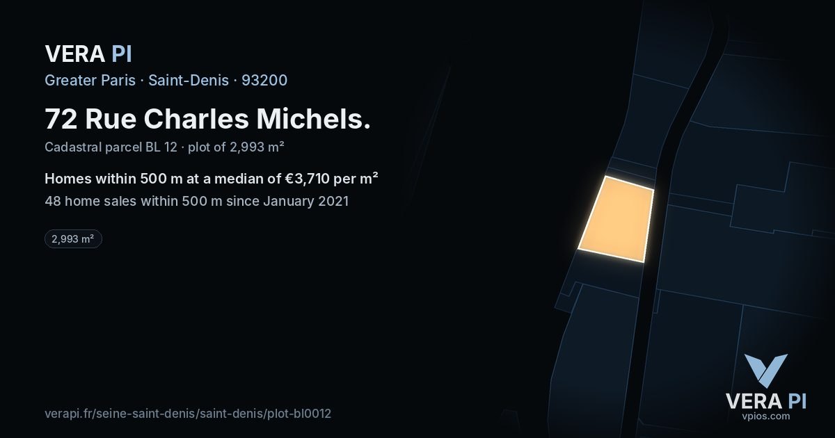 72 Rue Charles Michels, Saint-Denis at night – the plot lit, the parcels around coloured by the prices near them