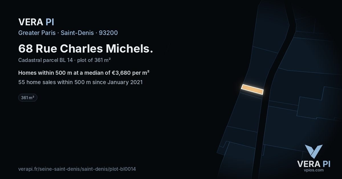 68 Rue Charles Michels, Saint-Denis at night – the plot lit, the parcels around coloured by the prices near them