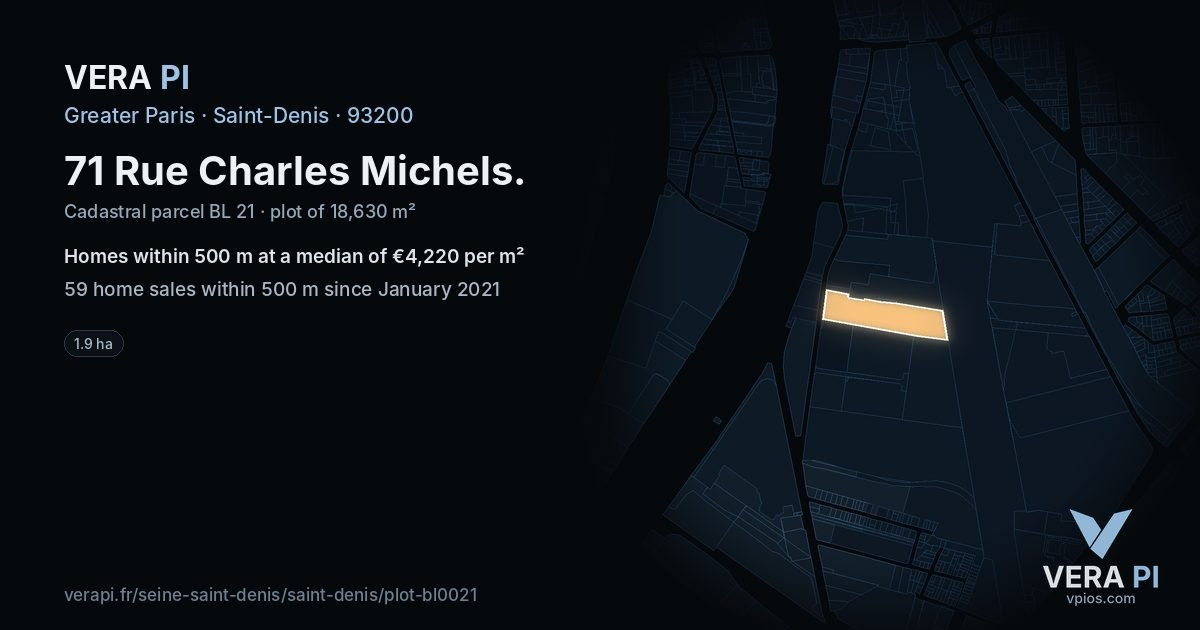 71 Rue Charles Michels, Saint-Denis at night – the plot lit, the parcels around coloured by the prices near them