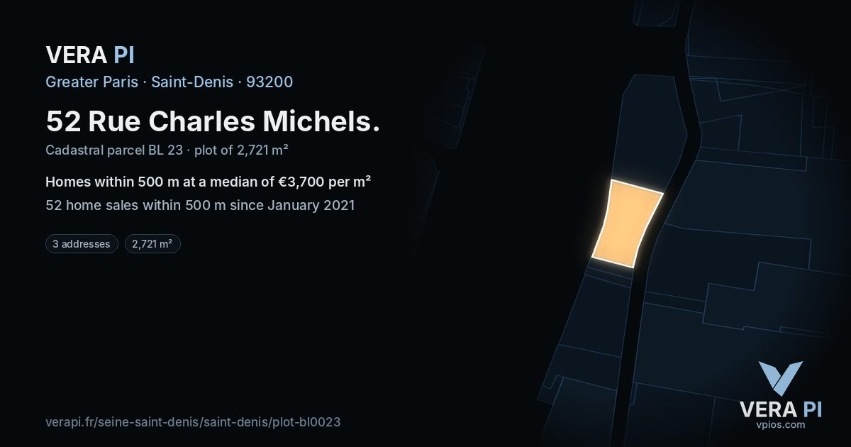 52 Rue Charles Michels, Saint-Denis at night – the plot lit, the parcels around coloured by the prices near them