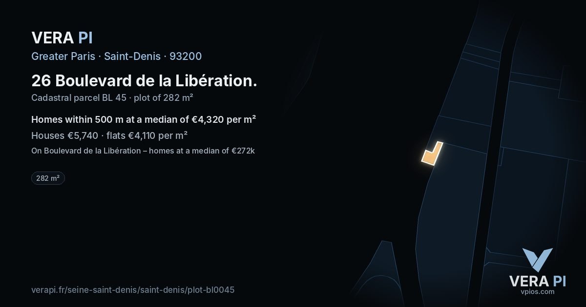 26 Boulevard de la Libération, Saint-Denis at night – the plot lit, the parcels around coloured by the prices near them