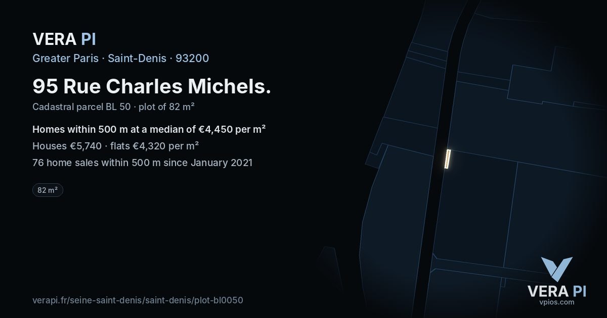 95 Rue Charles Michels, Saint-Denis at night – the plot lit, the parcels around coloured by the prices near them