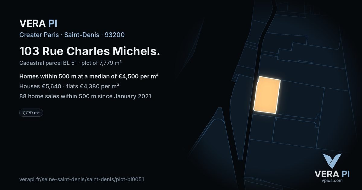 103 Rue Charles Michels, Saint-Denis at night – the plot lit, the parcels around coloured by the prices near them