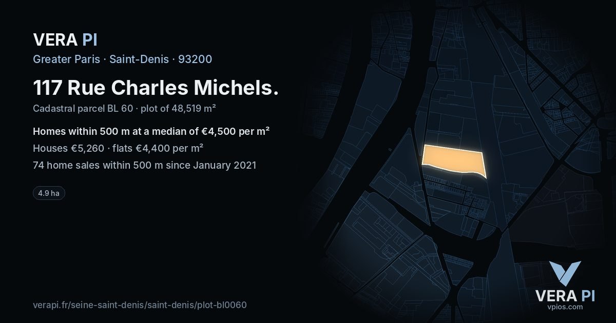 117 Rue Charles Michels, Saint-Denis at night – the plot lit, the parcels around coloured by the prices near them