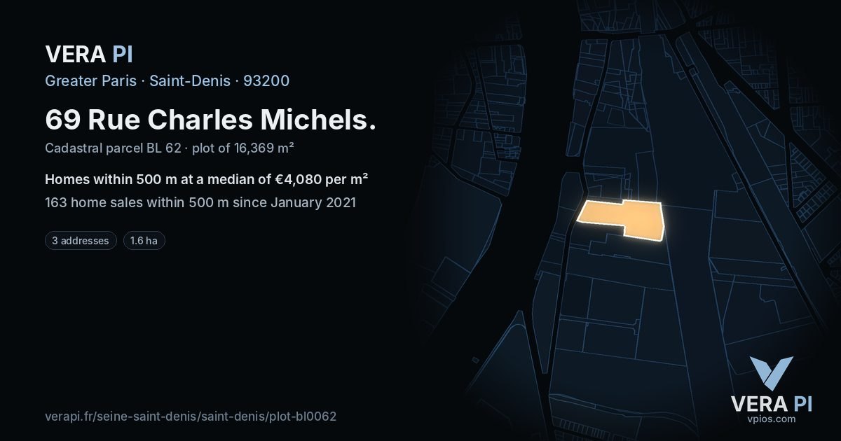 69 Rue Charles Michels, Saint-Denis at night – the plot lit, the parcels around coloured by the prices near them