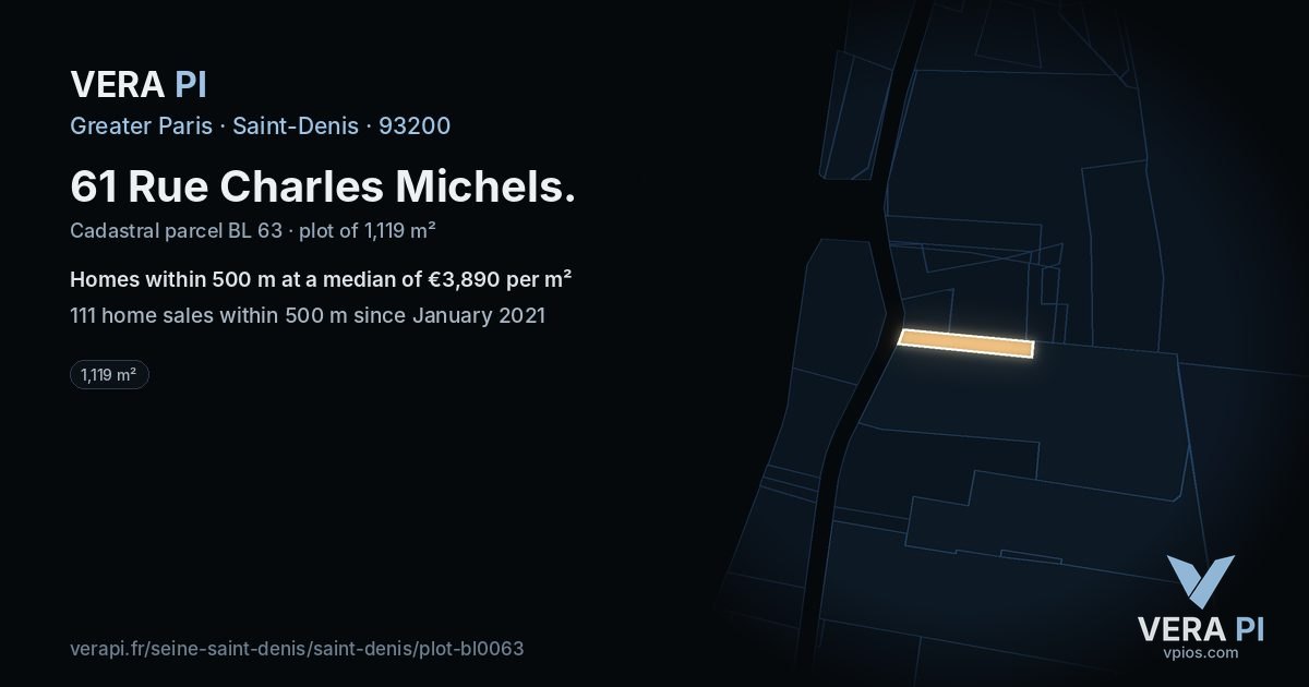 61 Rue Charles Michels, Saint-Denis at night – the plot lit, the parcels around coloured by the prices near them