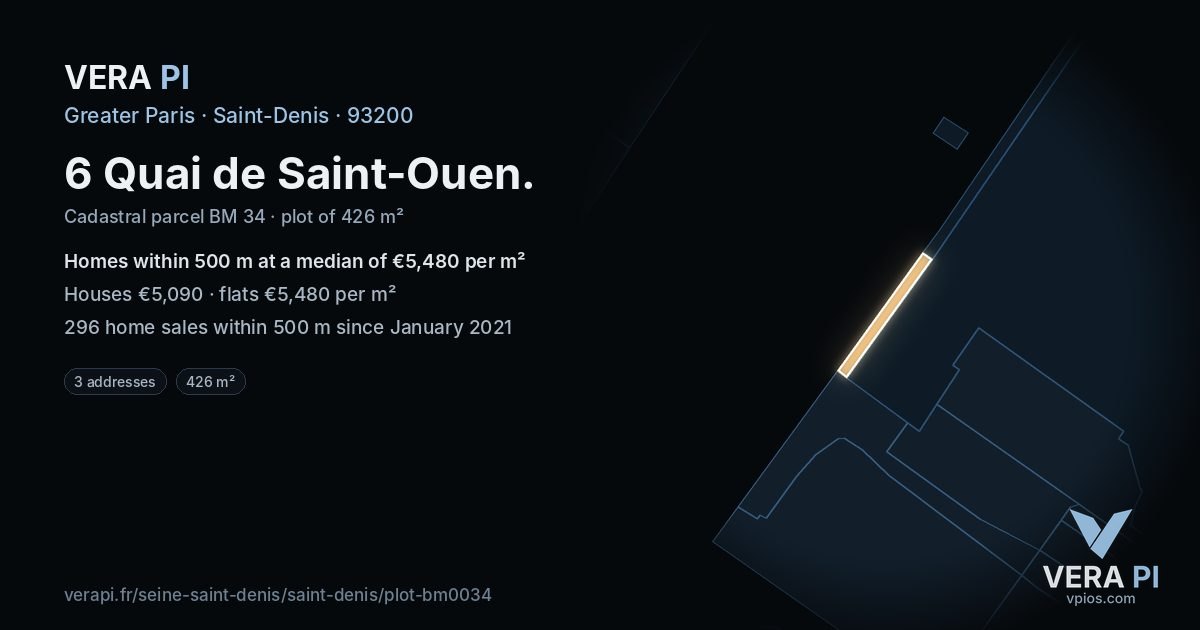 6 Quai de Saint-Ouen, Saint-Denis at night – the plot lit, the parcels around coloured by the prices near them