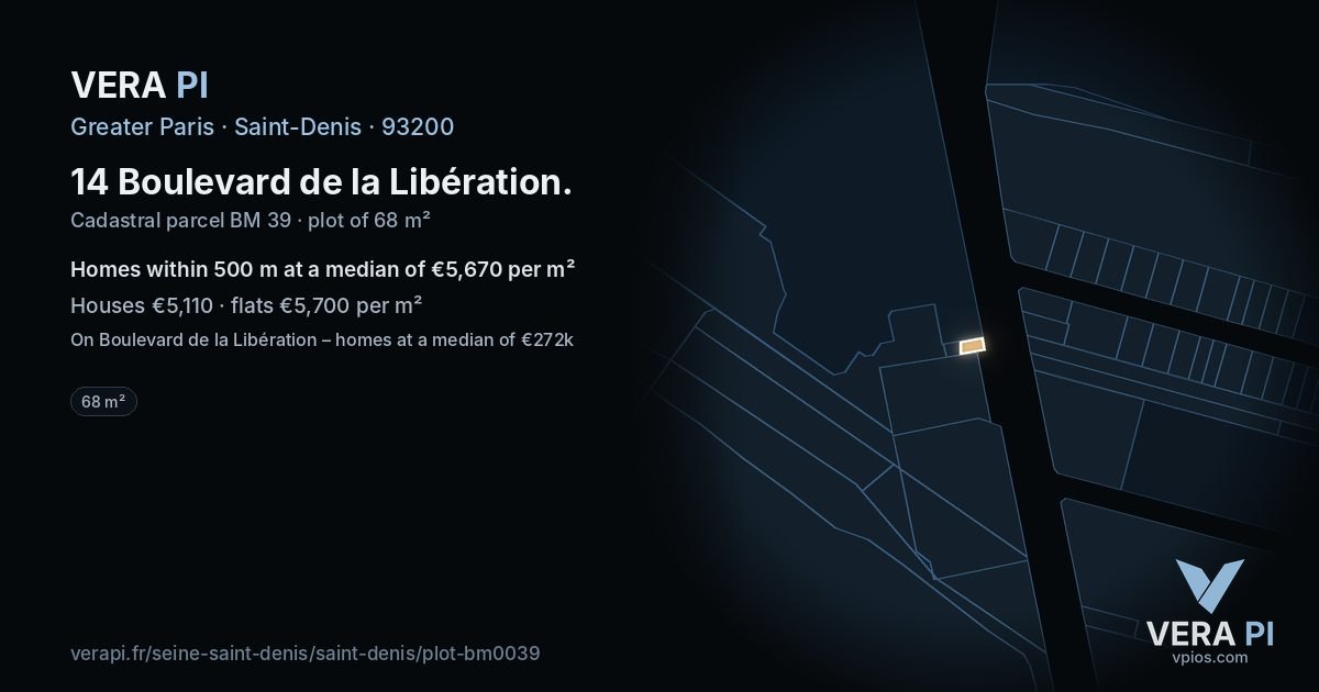 14 Boulevard de la Libération, Saint-Denis at night – the plot lit, the parcels around coloured by the prices near them