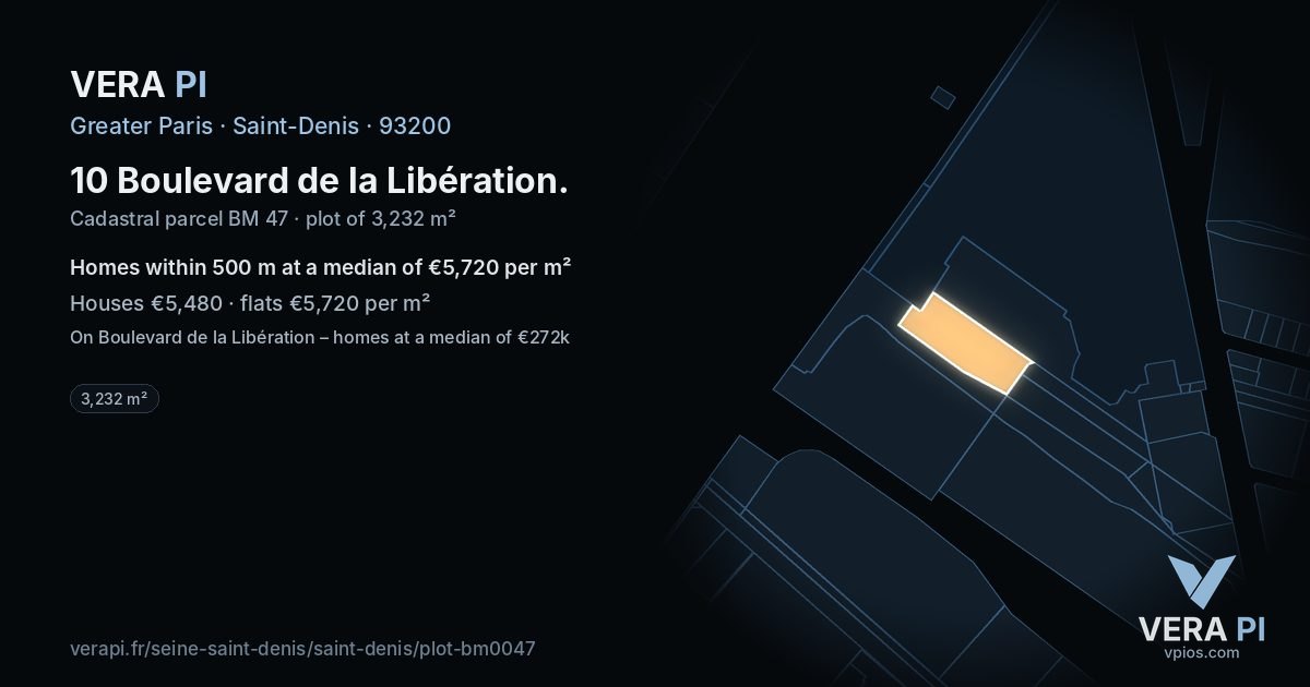 10 Boulevard de la Libération, Saint-Denis at night – the plot lit, the parcels around coloured by the prices near them