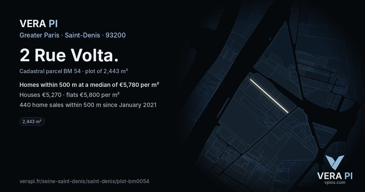 2 Rue Volta, Saint-Denis at night – the plot lit, the parcels around coloured by the prices near them