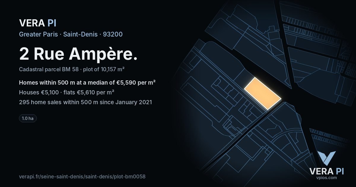 2 Rue Ampère, Saint-Denis at night – the plot lit, the parcels around coloured by the prices near them