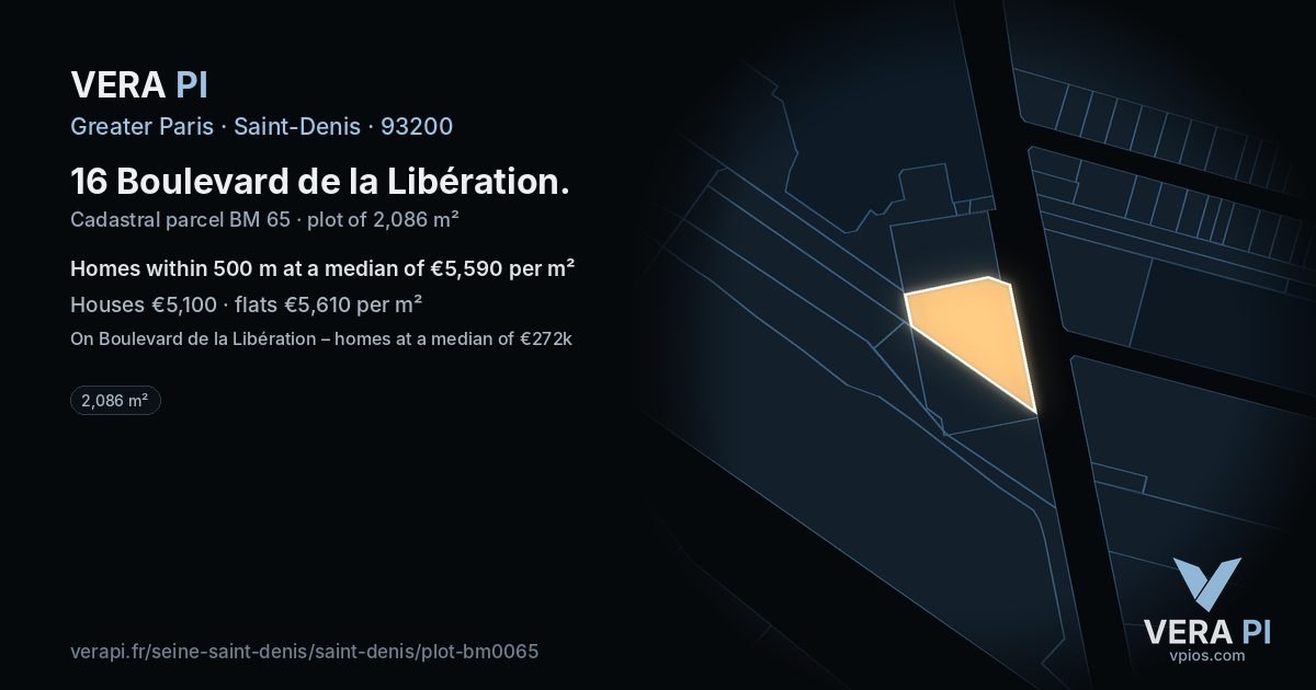 16 Boulevard de la Libération, Saint-Denis at night – the plot lit, the parcels around coloured by the prices near them