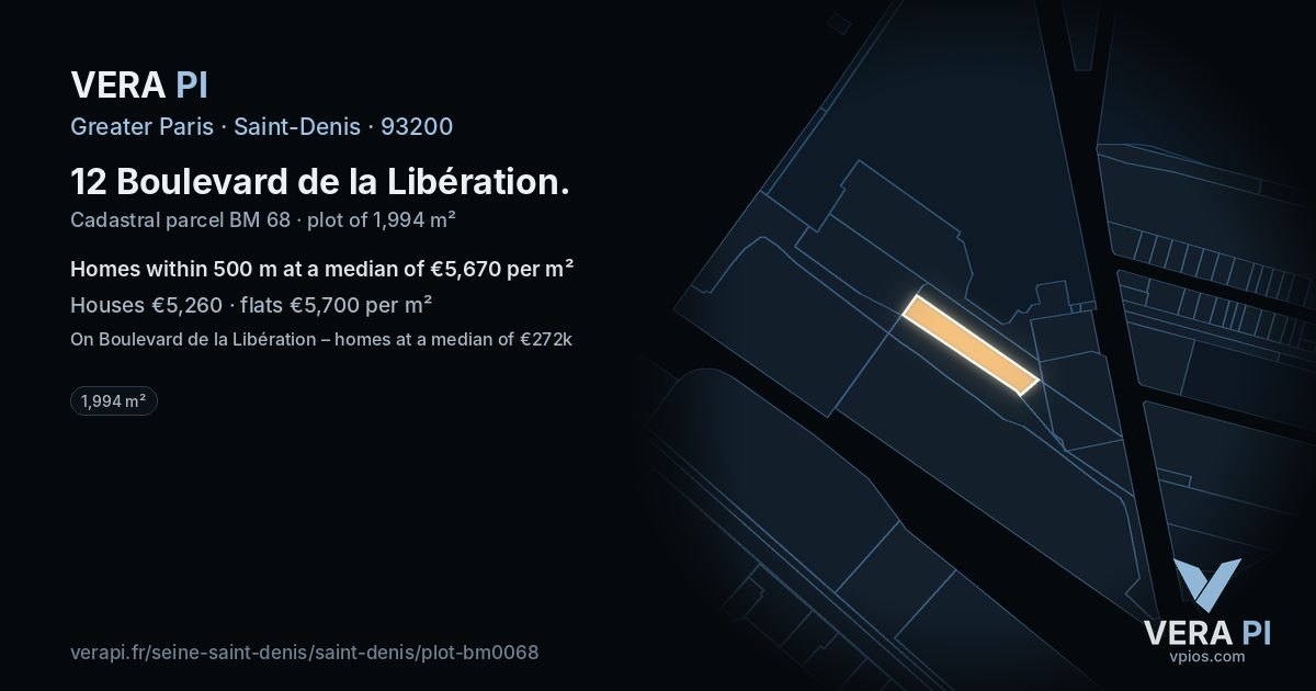 12 Boulevard de la Libération, Saint-Denis at night – the plot lit, the parcels around coloured by the prices near them